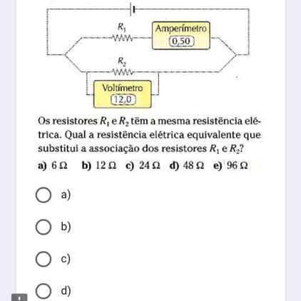 O amperímetro e o voltímetro ideais, ligados no circuito elétrico esquematizado na figura, indicam as leituras da corrente elétrica (em ampère) e a