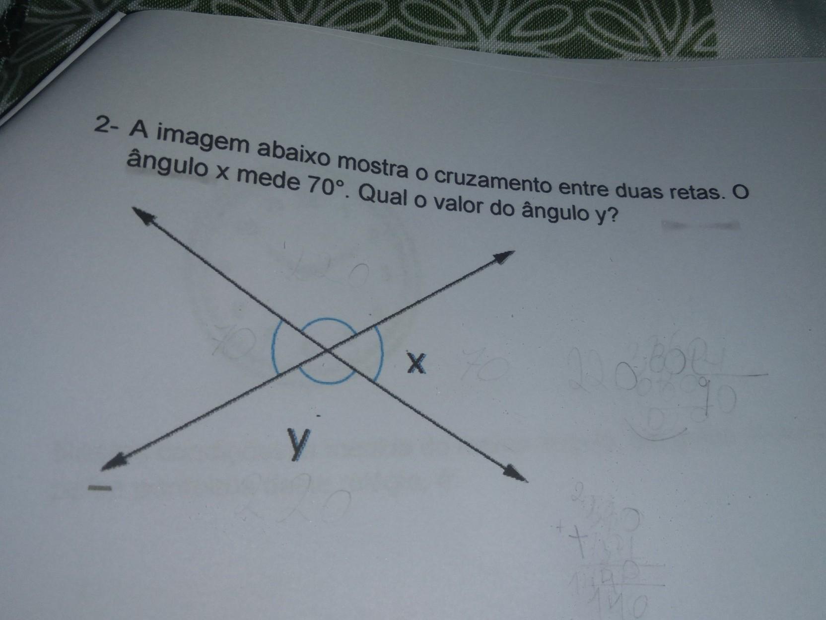 2- A imagem abaixo mostra o cruzamento entre duas retas. O angulo x mede 70°. Qual o valor do ângulo y? ​