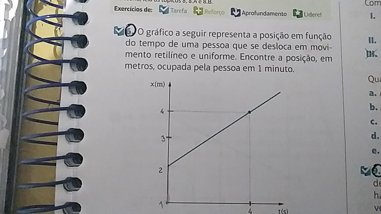 O gráfico a seguir representa a posição em função do tempo de uma pessoa que se desloca em movimento retilíneo e uniforme. Encontre a posição, e