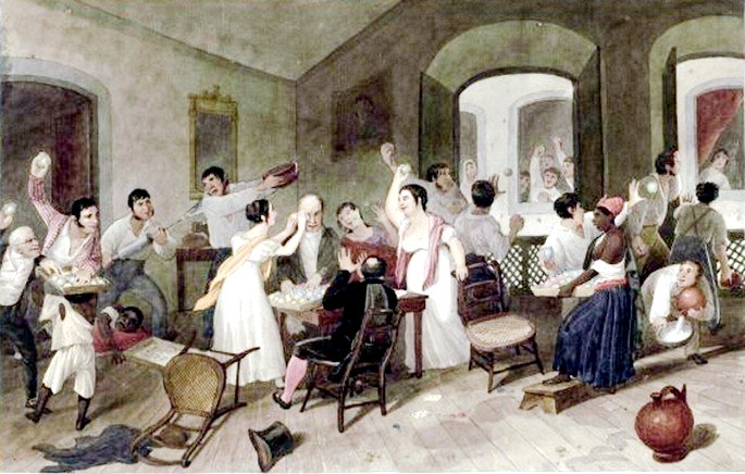 Austus Earle, Jogos durante o carnaval no Rio de Janeiro (Entrudo familiar), 1822. Aquarela.