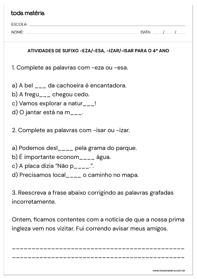 atividade grafia palavras terminadas em -eza-esa-izar-isar 4 ano