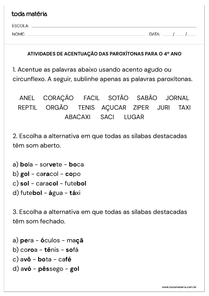 atividades acentuacao paroxitonas 4 ano