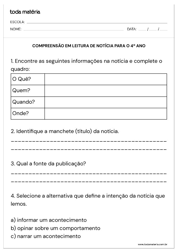 atividade compreensao leitura noticia 4 ano_perguntas