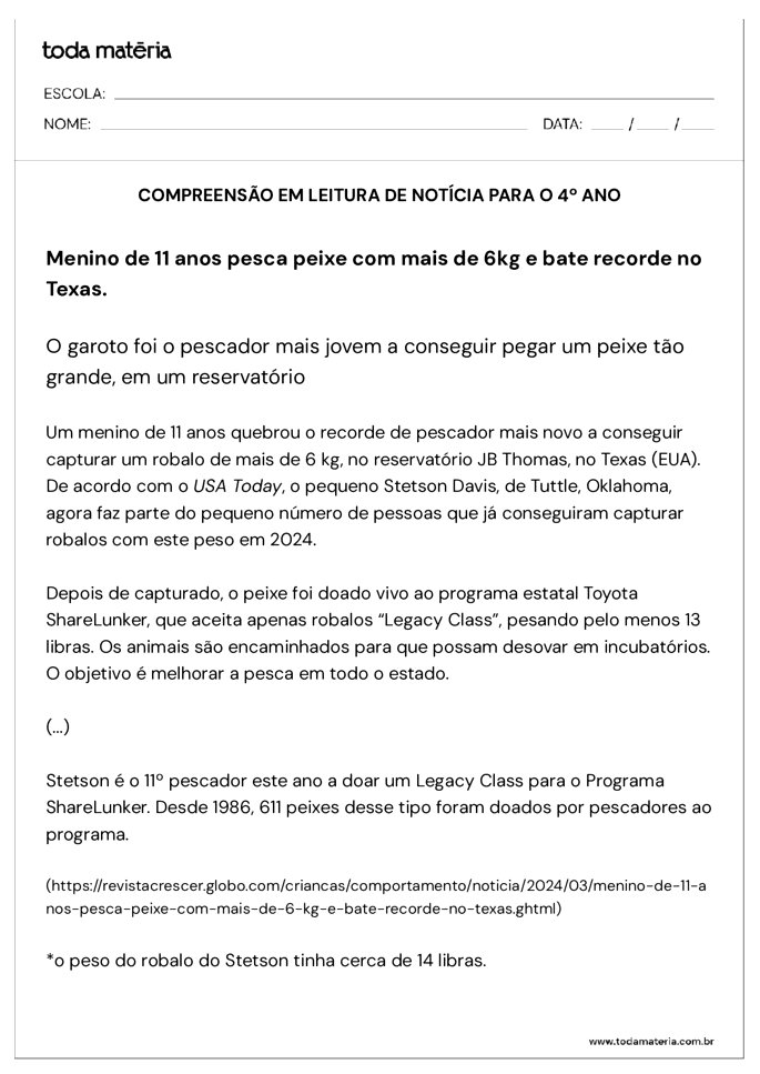 atividade compreensao leitura noticia 4 ano