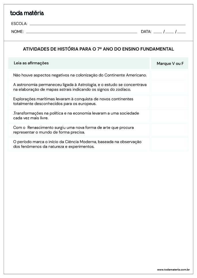 atividade V ou F sobre idade moderna