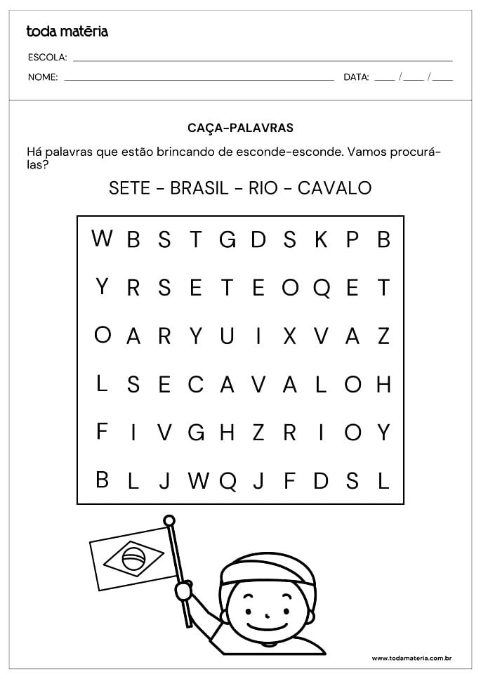 caça-palavras sobre a Independência do Brasil para educação infantil