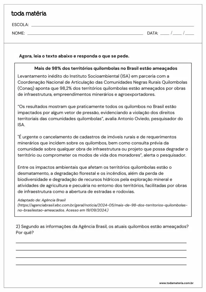 Atividade 2 sobre quilombos no Brasil contemporâneo