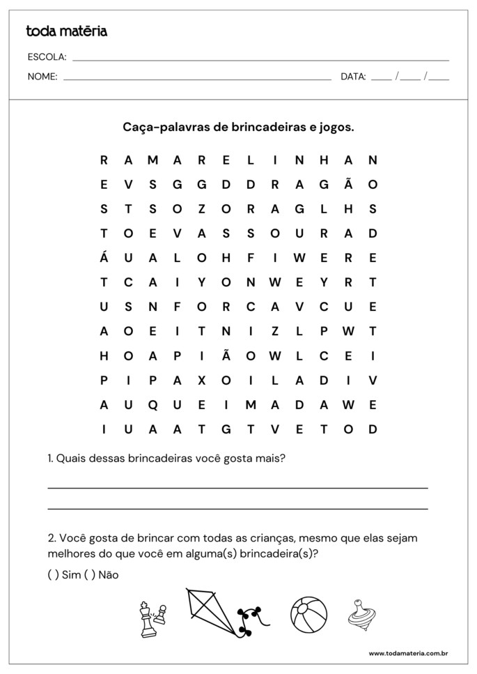 caça-palavras de brincadeiras e jogos